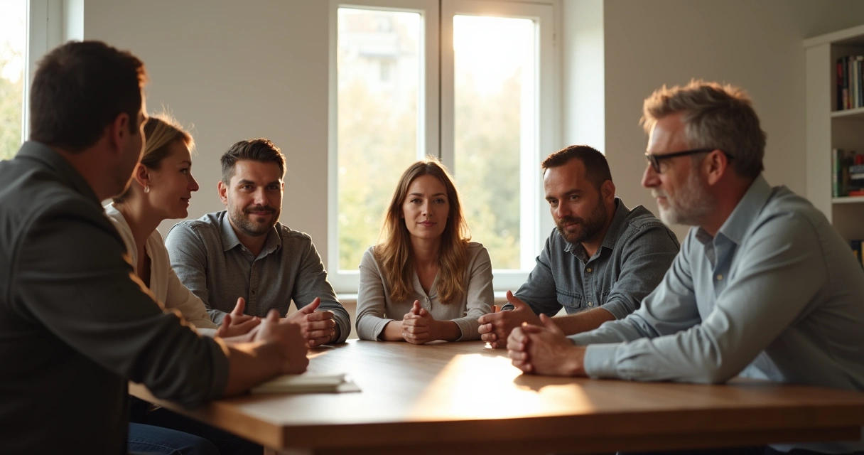Personas sentadas en una mesa conversando de forma atenta y relajada 