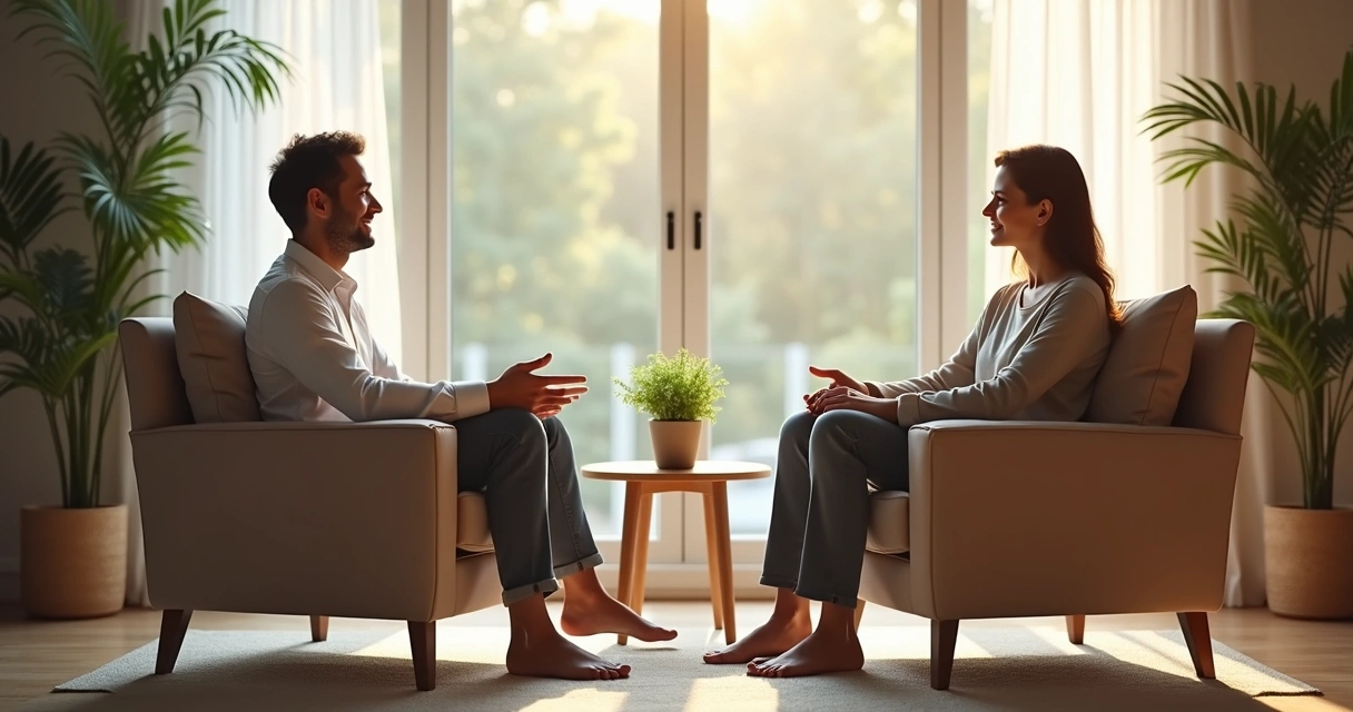 Conversación calmada entre dos personas sentadas en una sala tranquila con luz suave 