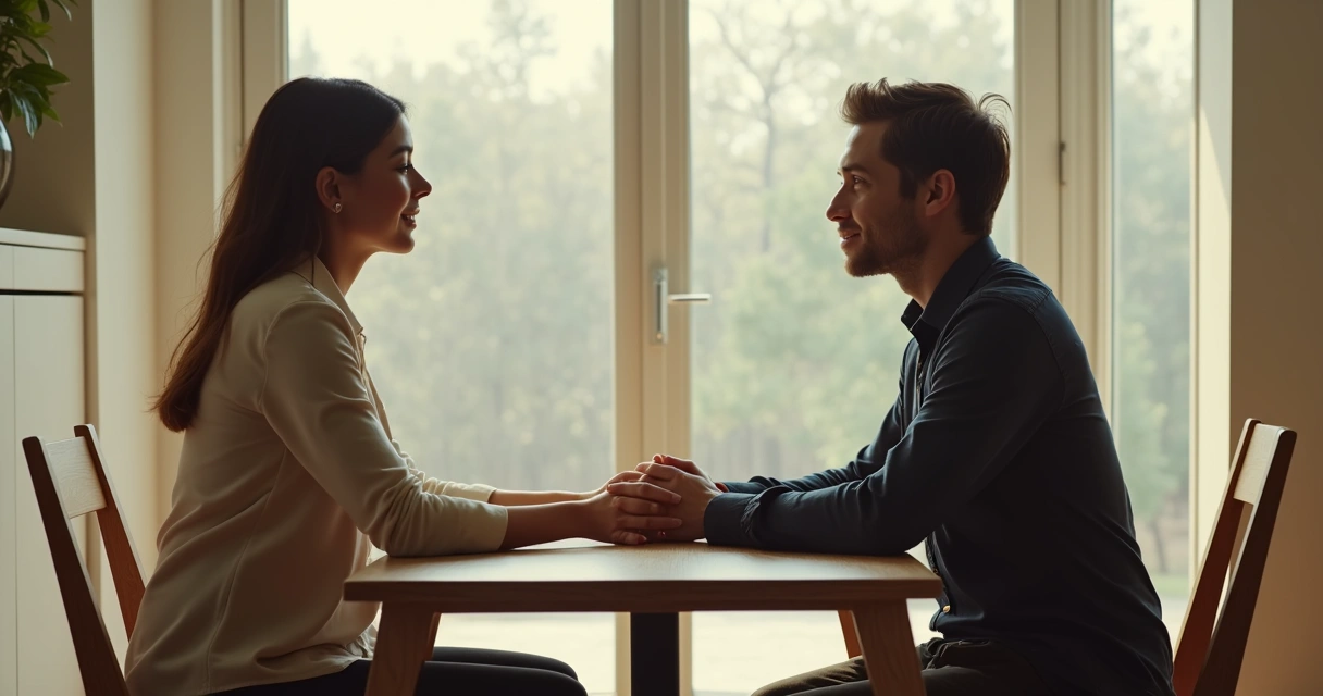 Dos personas conversando con postura abierta y contacto visual.