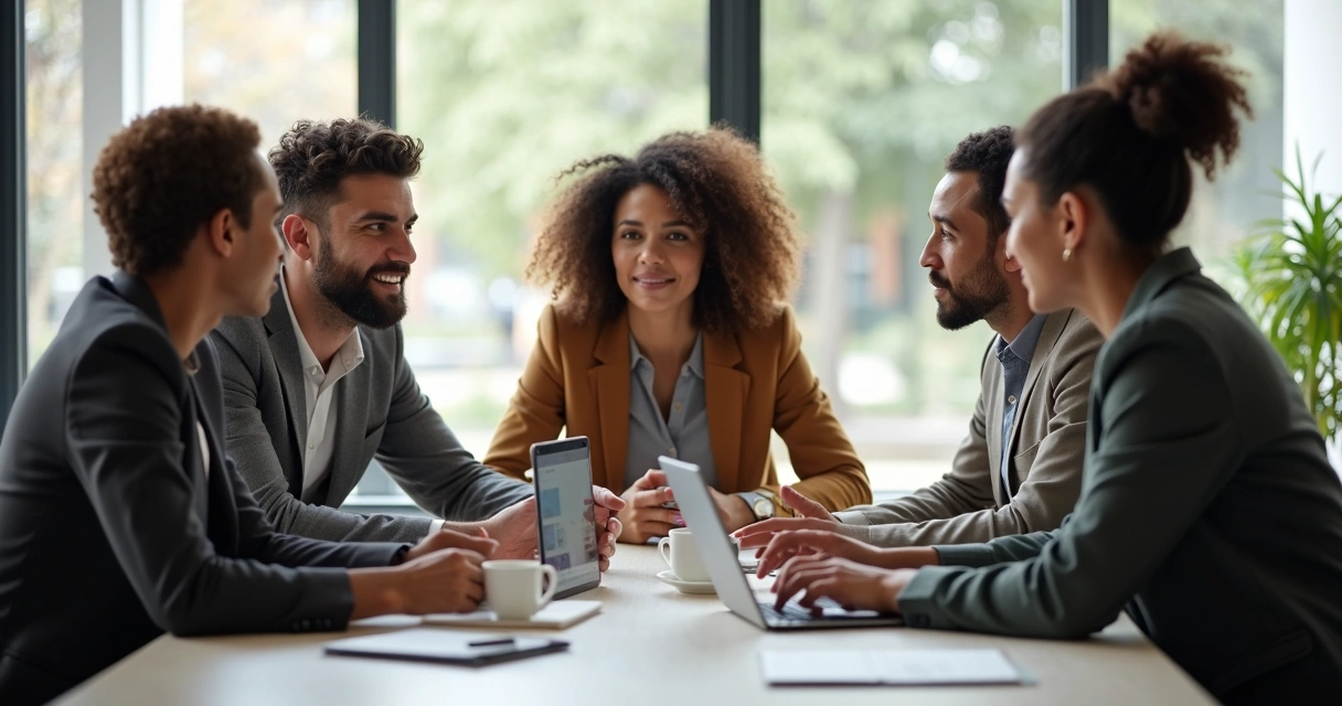 Personas diversas colaborando en una mesa en un ambiente luminoso.