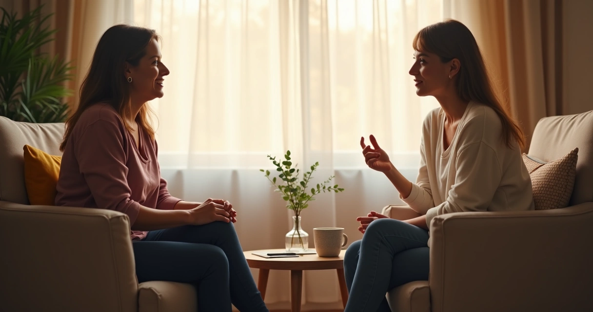 Dos personas conversan sentadas en una consulta cálida 