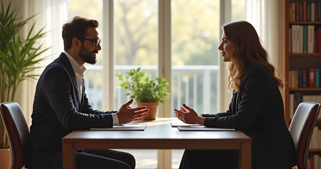 Dos personas conversando sentadas en una mesa, expresión atenta y actitud de escucha activa. 
