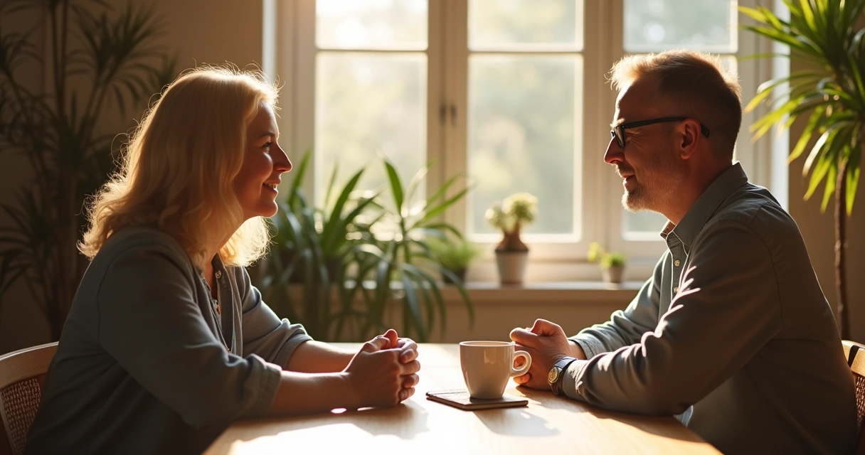 Dos personas sentadas frente a frente, conversando de forma honesta y relajada 