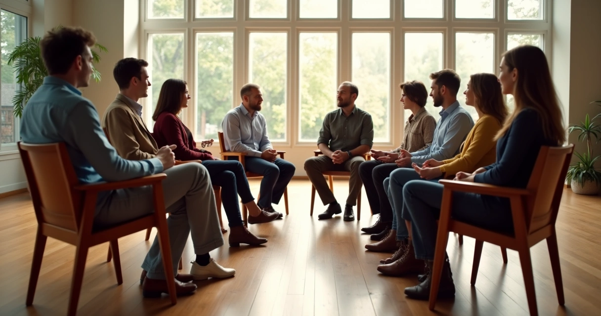 Personas en círculo dialogando en un espacio amplio con luz natural 