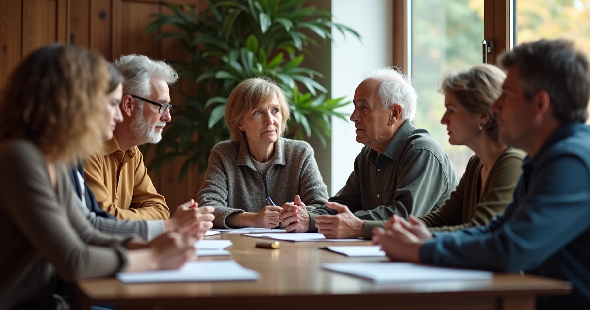 Personas de diferentes edades dialogando con actitud atenta y calmada 
