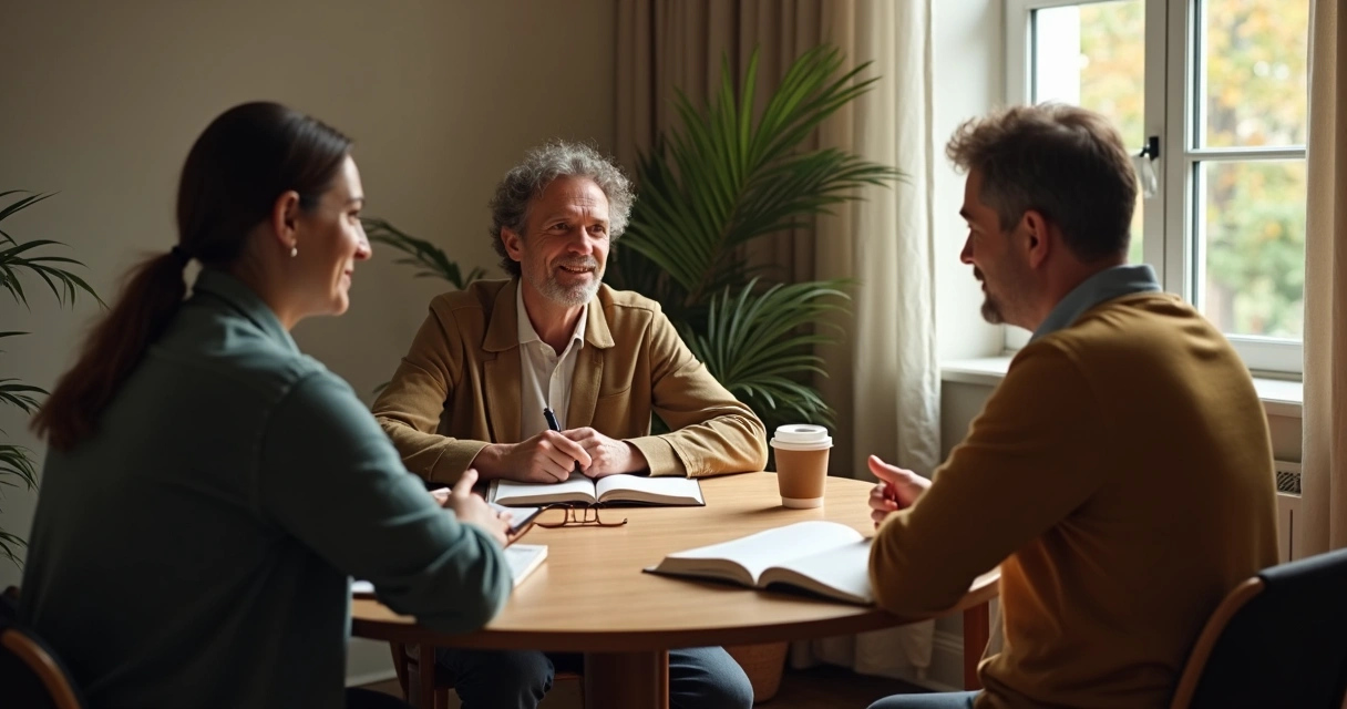 Tres personas adultas dialogando en una mesa redonda con libros y café 