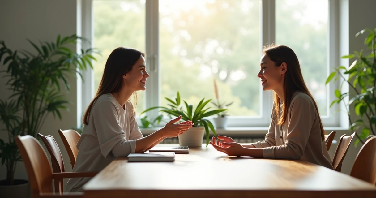 Dos personas dialogando sobre una mesa en una oficina luminosa 