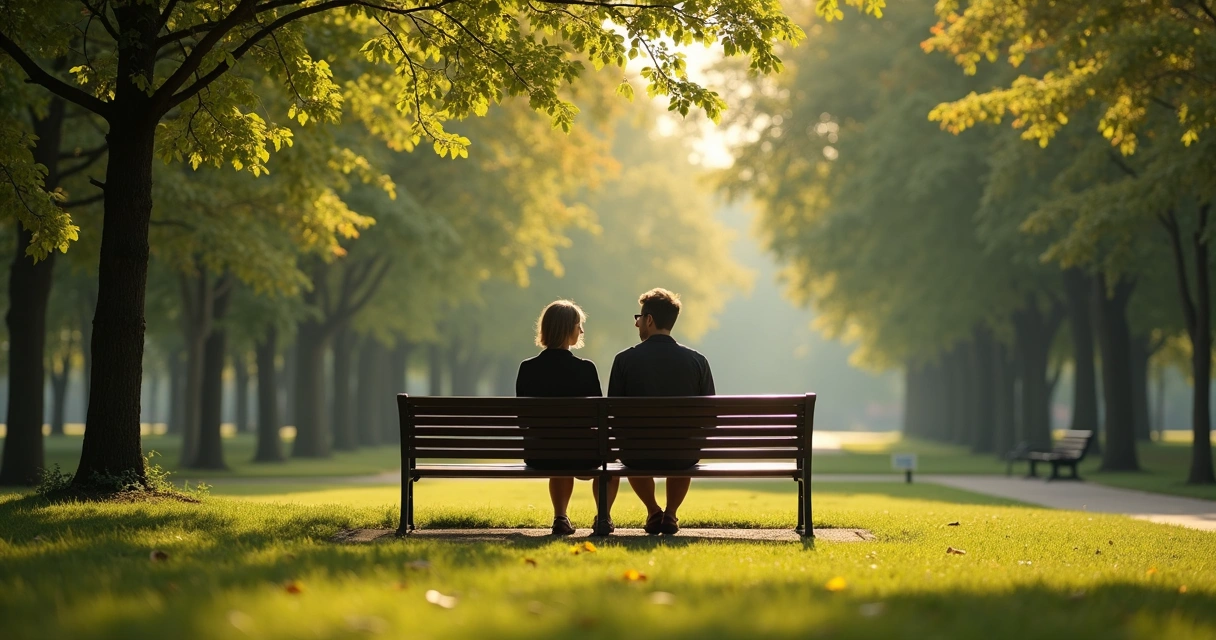 Dos personas sentadas dialogando en un parque rodeado de árboles