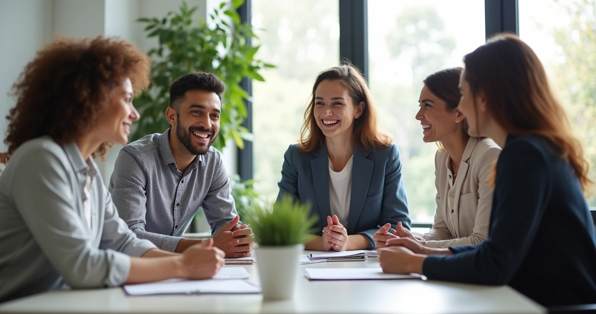Equipo de trabajo conversando en oficina luminosa 