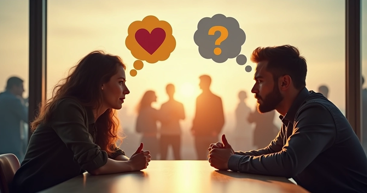 Dos personas conversando, con burbujas de pensamiento que muestran símbolos opuestos 