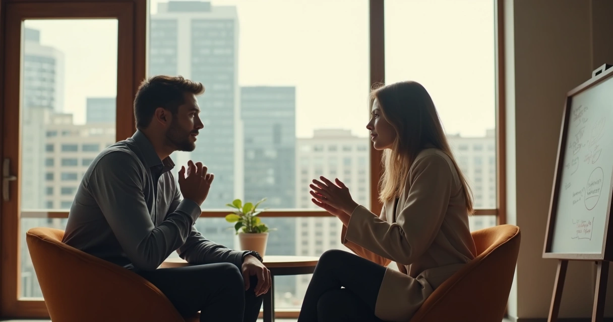 Personas conversando sentadas en círculo, una de ellas pensativa 