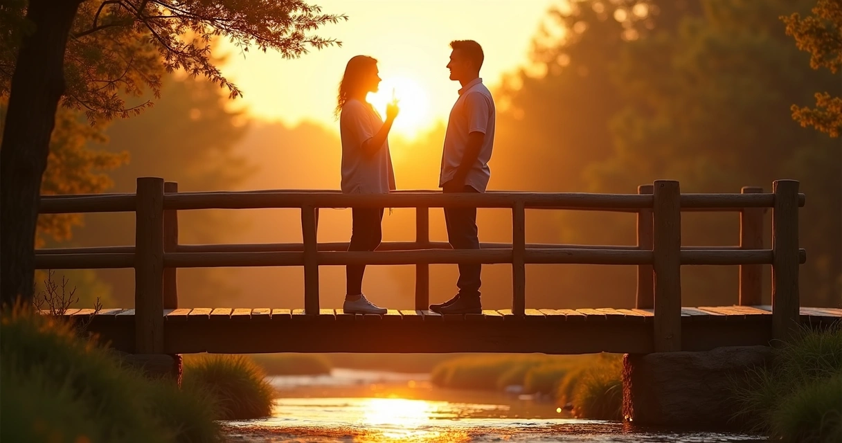 Dos personas conversando en un puente iluminado al atardecer