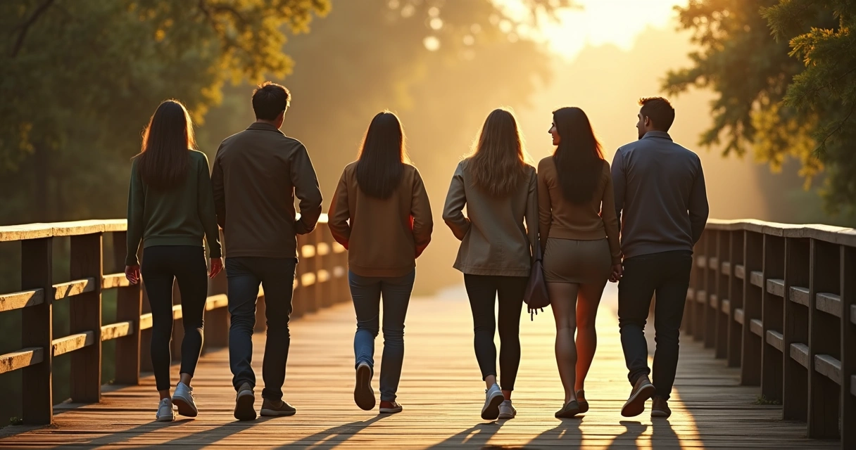 Personas dialogando mientras caminan sobre un puente de madera 