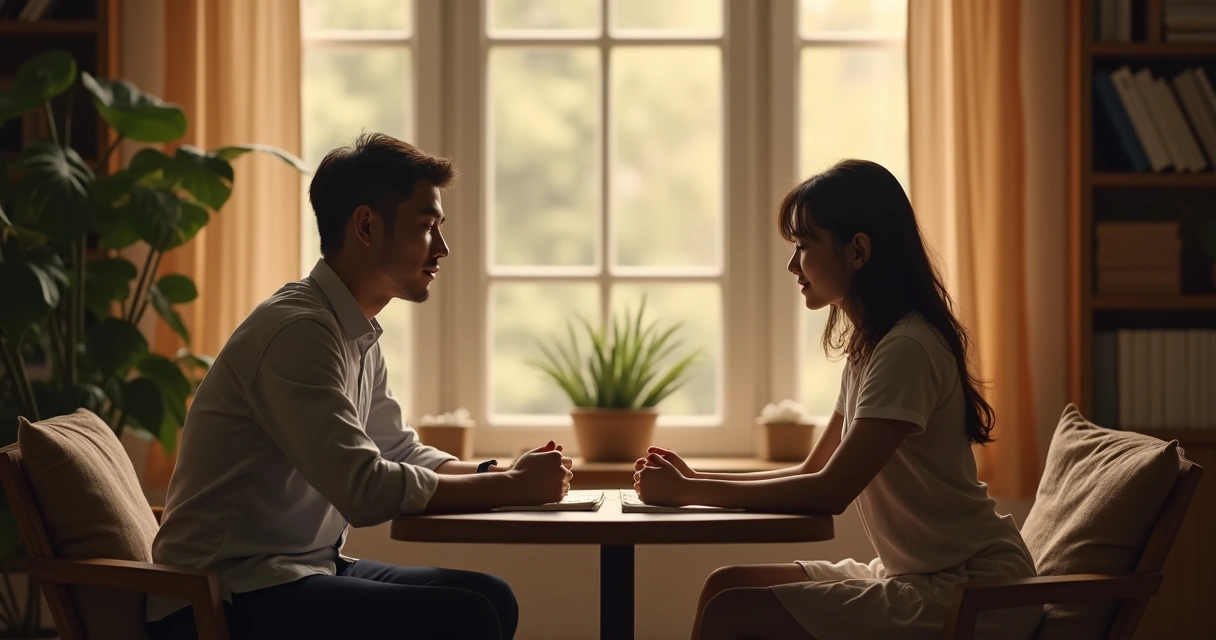 Dos personas sentadas frente a frente conversando de manera calmada. 