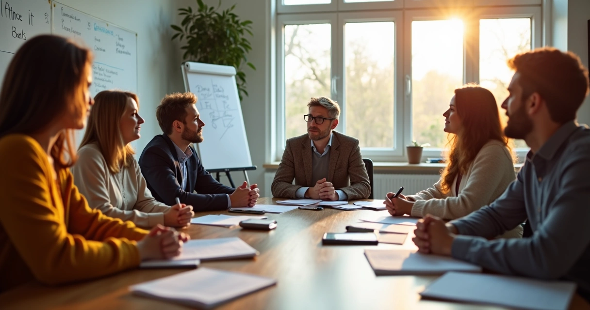 Personas conversando sentadas en círculo en un salón iluminado 