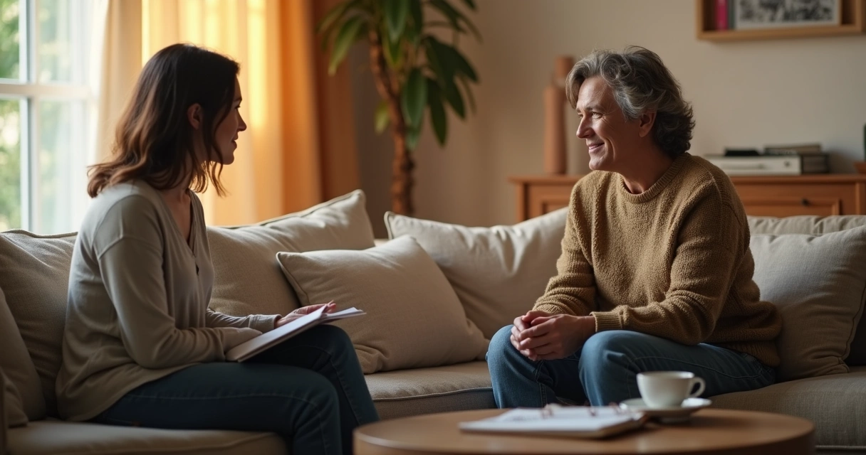 Dos personas sentadas en un sofá dialogando de manera tranquila y respetuosa