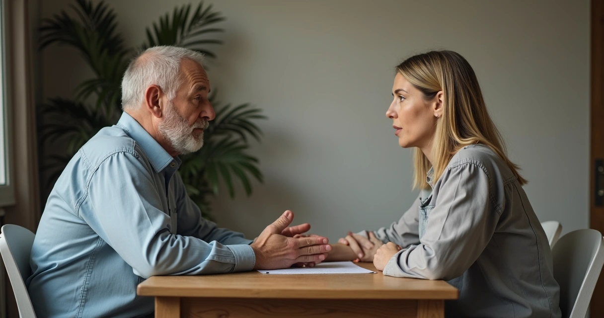 Dos personas dialogando sentadas frente a frente en tono serio en una sala tranquila 