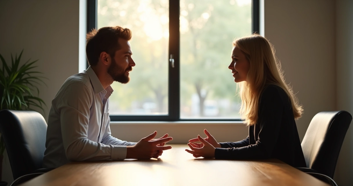 Dos personas sentadas frente a frente en una mesa de madera dialogando en calma, luz natural entrando por la ventana detrás, tonos cálidos, expresiones atentas, ambiente de oficina sencillo 