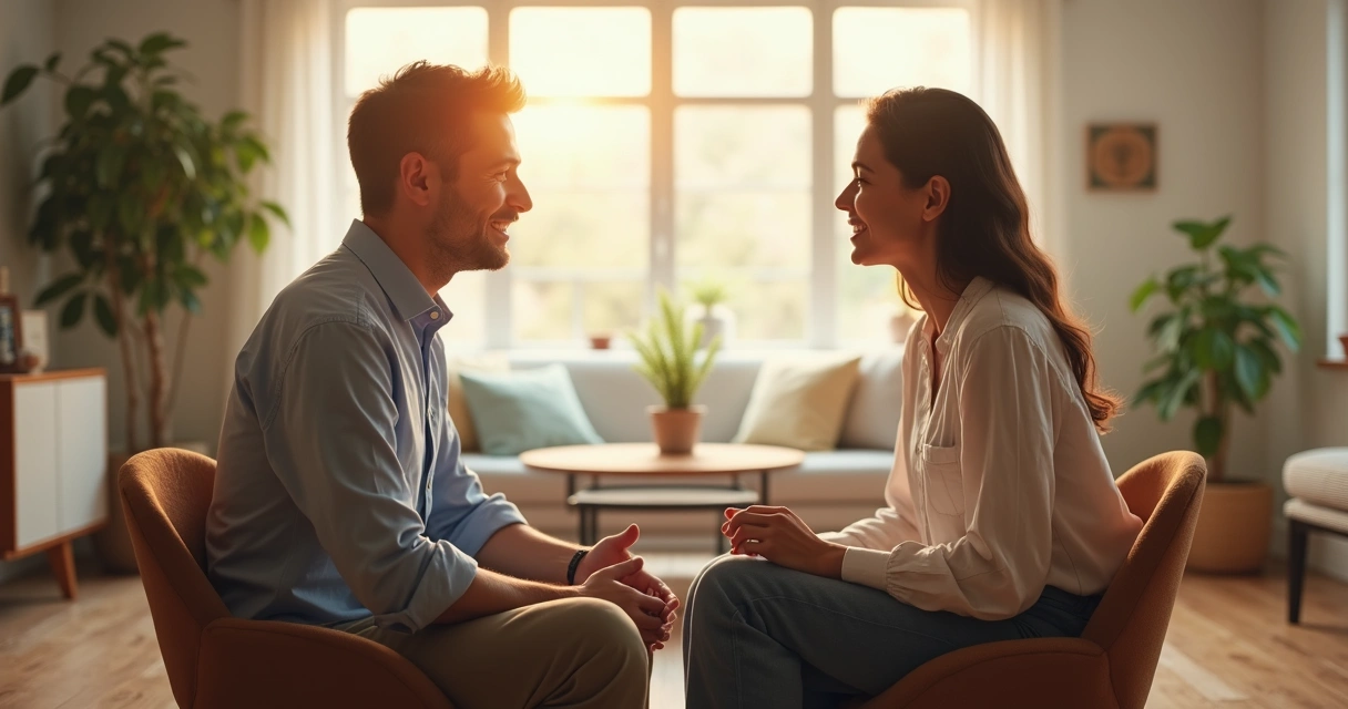 Dos personas dialogando amigablemente en una sala luminosa 