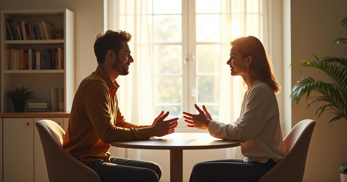 Diálogo auténtico entre dos personas en ambiente sereno 