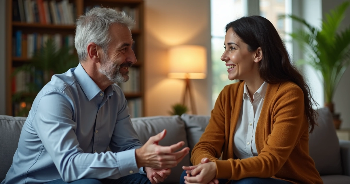 Dos personas conversando de forma asertiva en una sala iluminada 