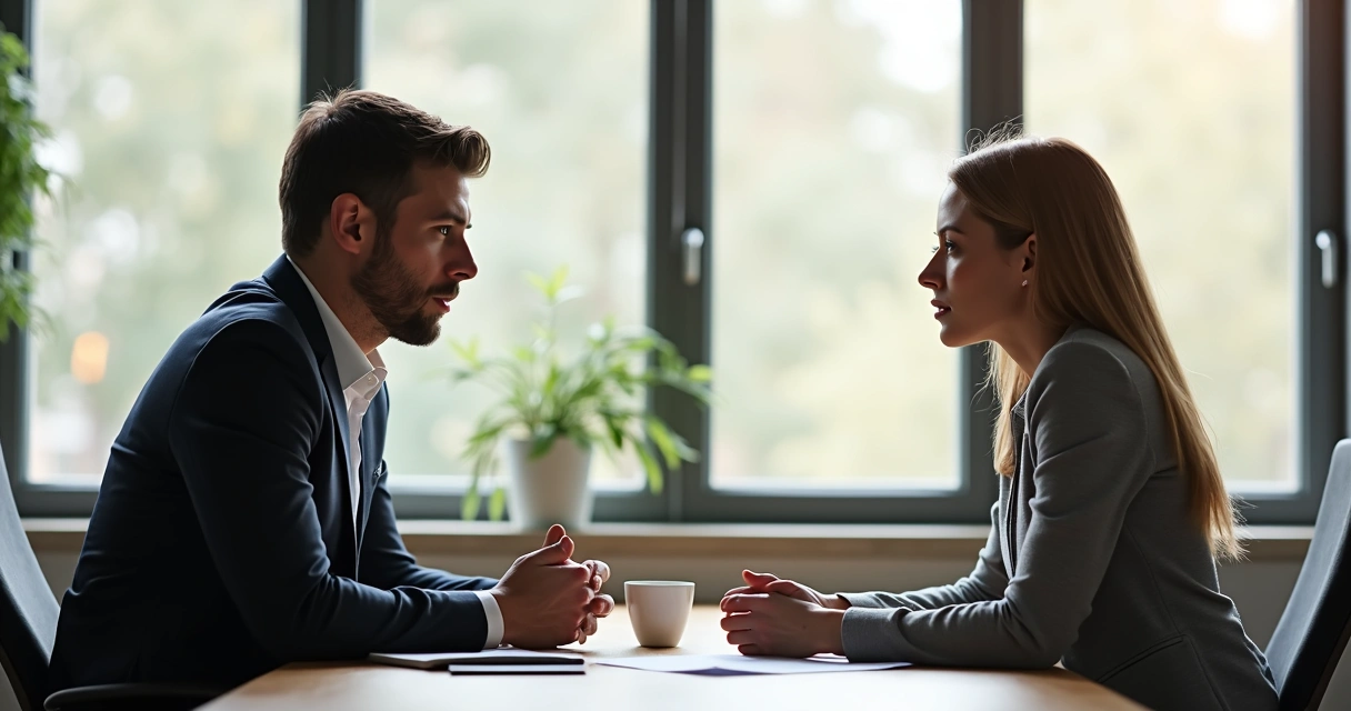 Dos personas sentadas frente a frente en una mesa, conversando con atención y serenidad 