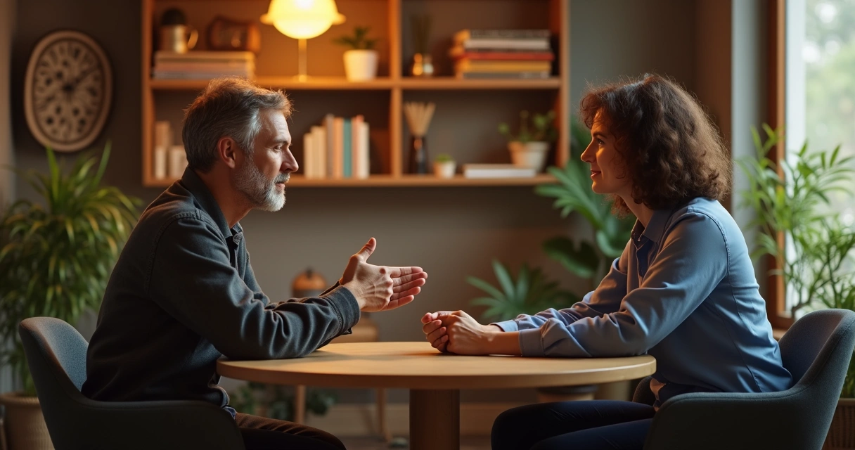 Dos personas conversando en tonos tranquilos, una escuchando atentamente 