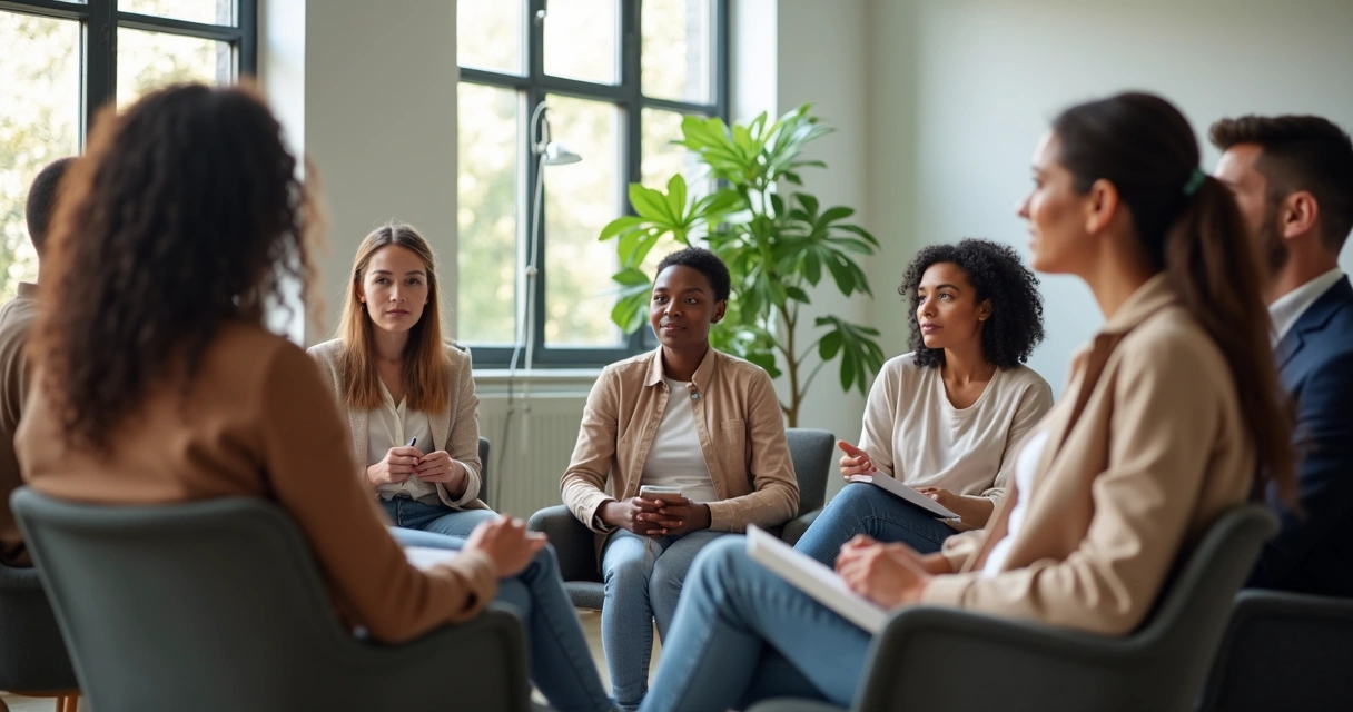 Personas sentadas en círculo dialogando en una oficina luminosa y moderna 