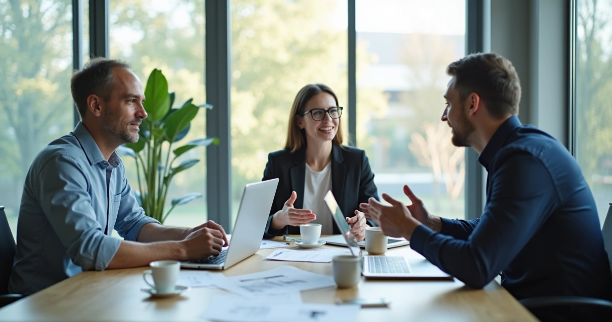 Tres personas conversando en una oficina moderna con papeles y computadoras sobre la mesa 