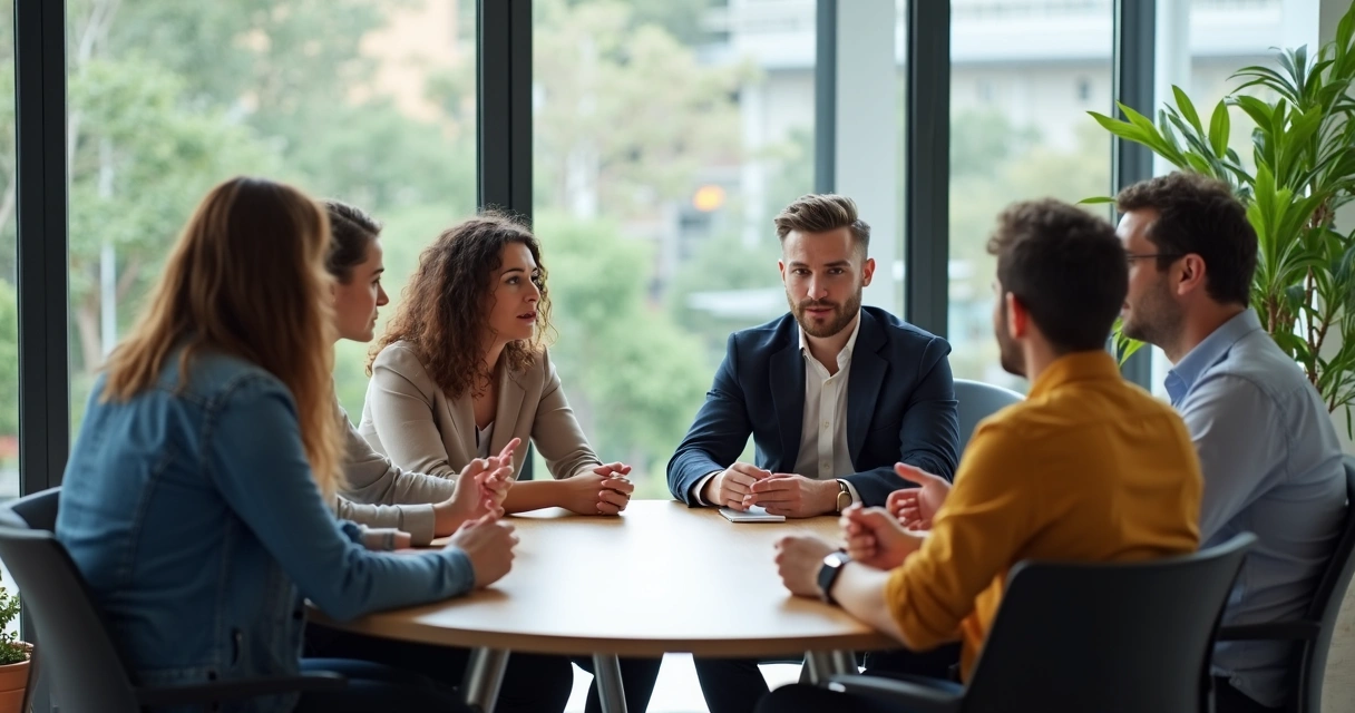 Personas diversas discutiendo en una oficina moderna, con expresiones de atención y diálogo