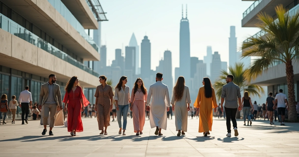 Grupo de personas de diferentes culturas caminando en un espacio urbano moderno, vestimenta variada, fondo de ciudad con arquitectura global.