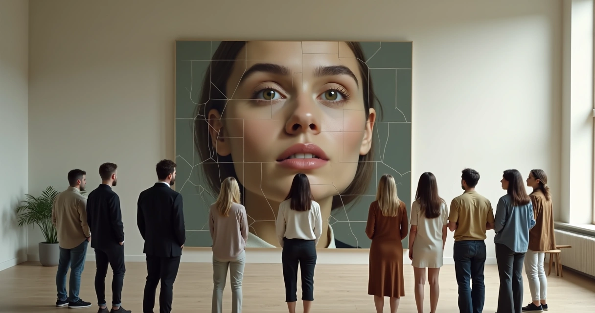 Grupo de personas observando su reflejo múltiple en un gran espejo dividido en fragmentos 