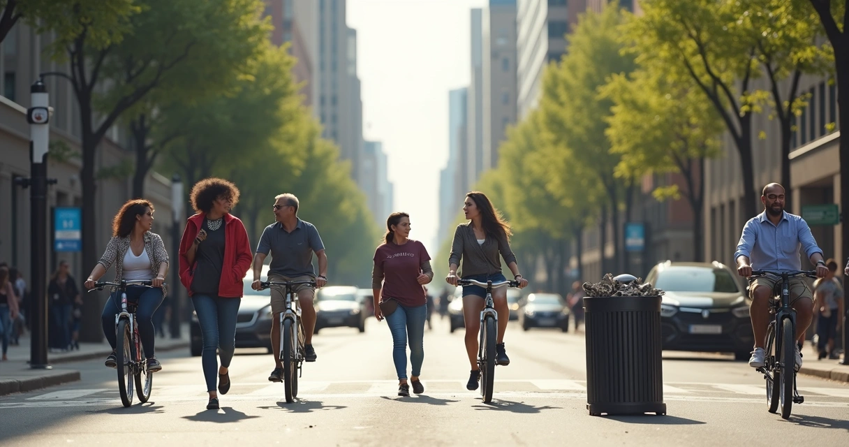 Varias personas caminando por una ciudad mientras toman pequeñas decisiones, como usar bicicleta, tirar basura en su lugar o ayudar a otro 