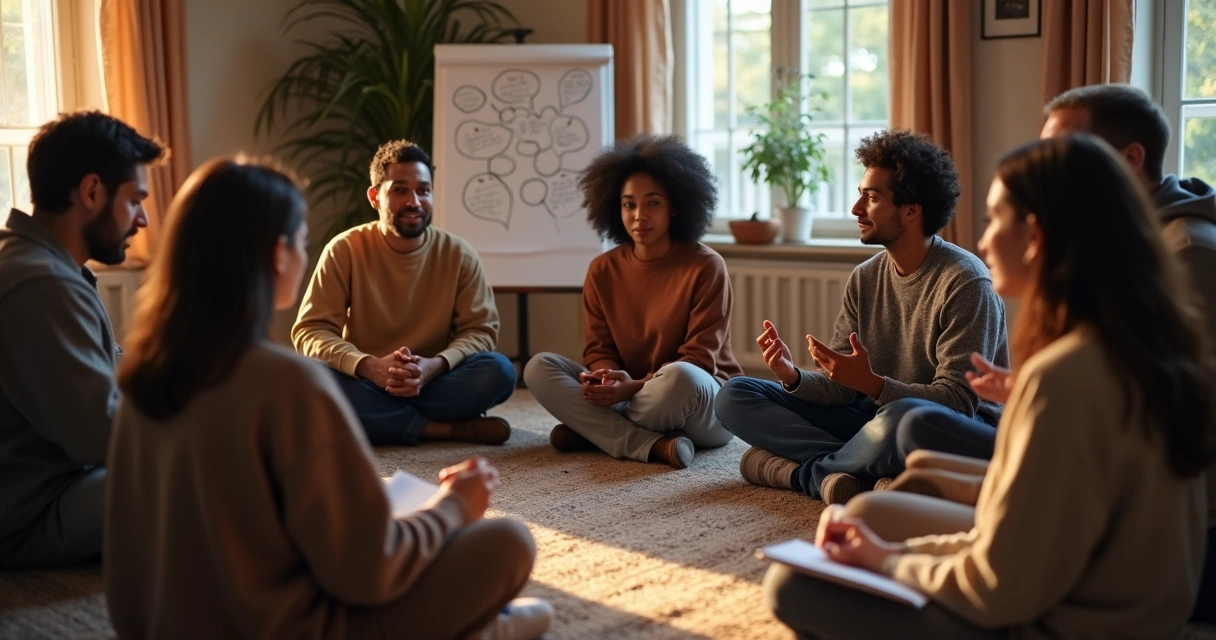 Varias personas en círculo compartiendo emociones y reflexiones 