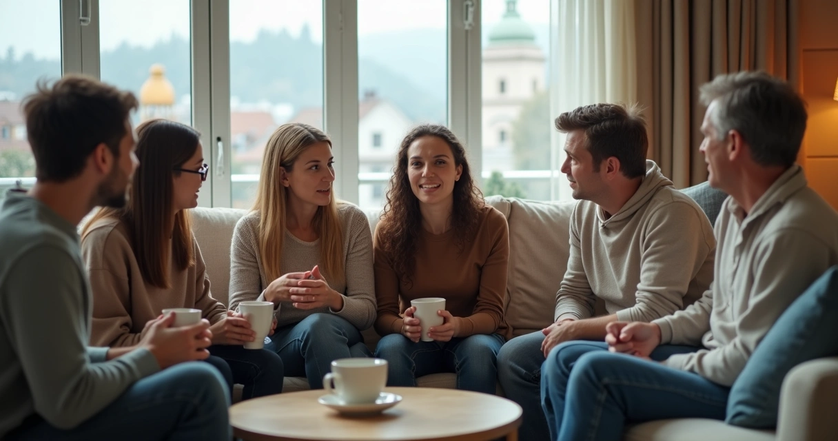 Grupo diverso sentado en círculo apoyándose durante una crisis 