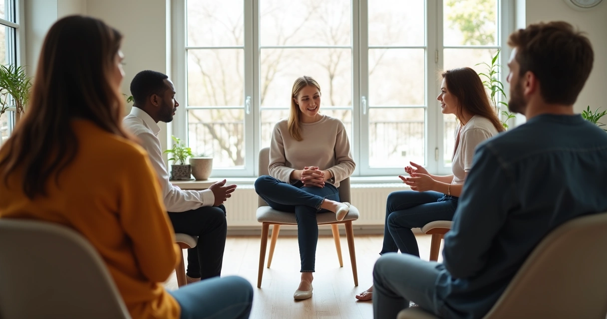 Grupo de personas sentadas formando un círculo en una sala luminosa. Uno de ellos destaca por su energía serena mientras los demás parecen atentos a él.