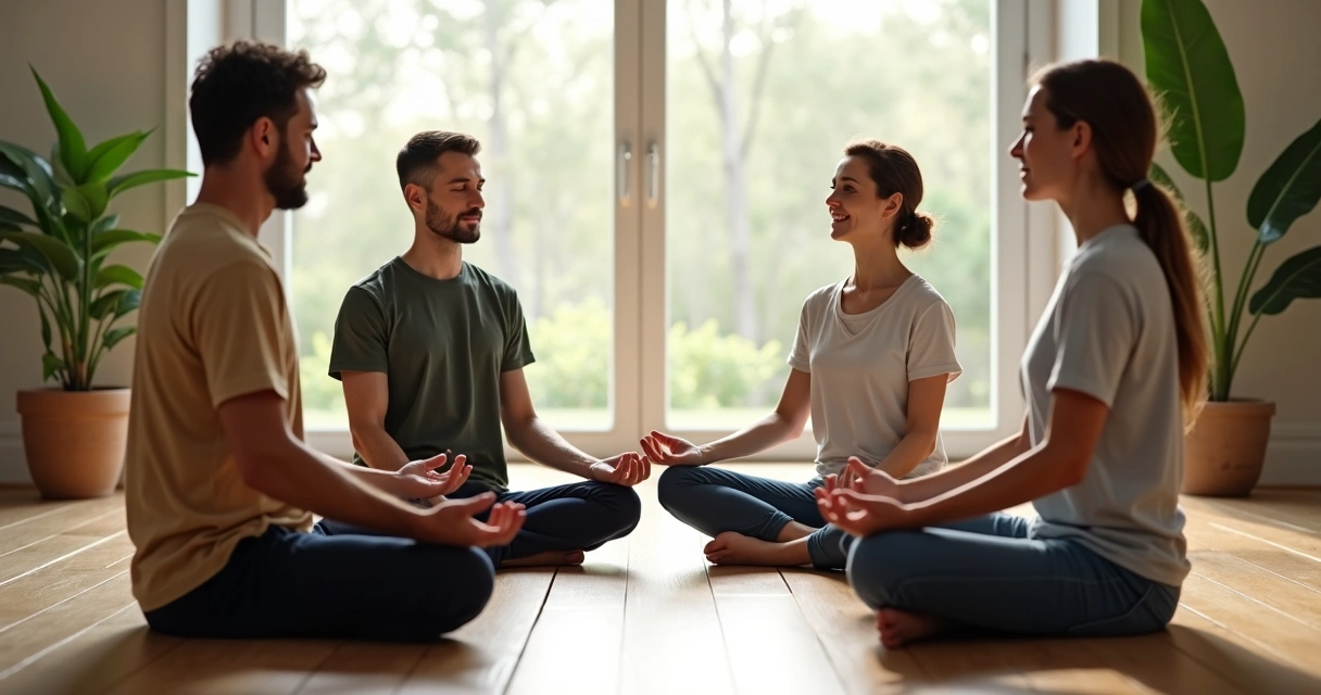 Personas sentadas en círculo meditando en sala luminosa 