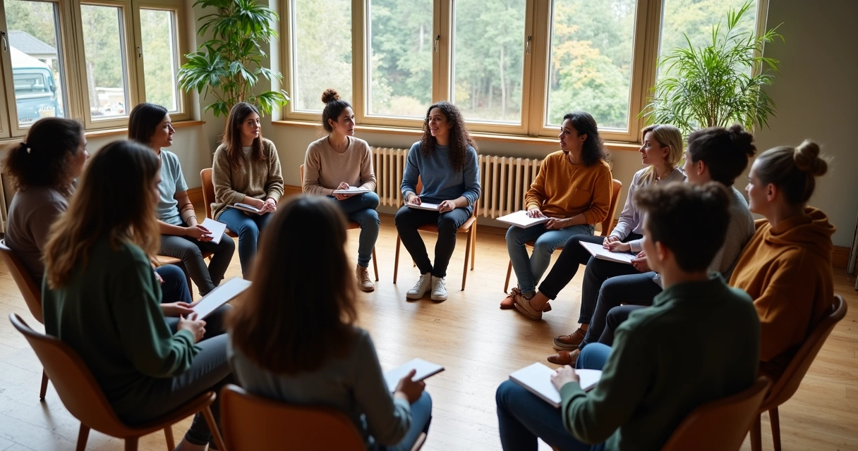 Personas sentadas en círculo durante una reunión grupal 