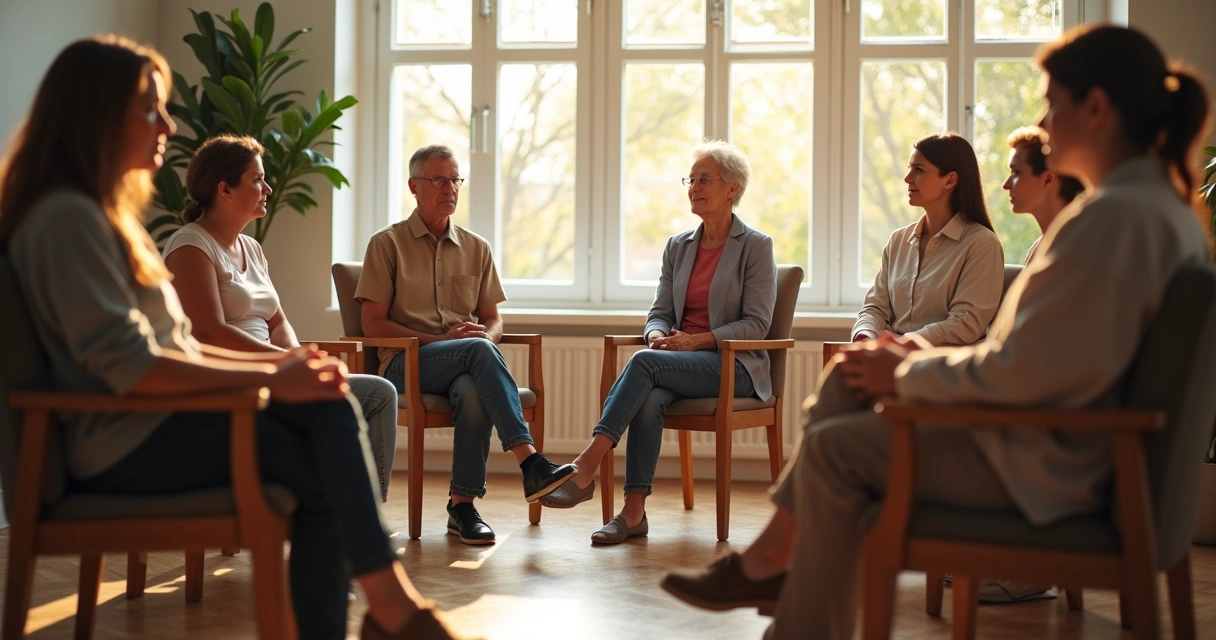 Grupo de personas sentadas en círculo en una sala luminosa durante una sesión de constelación familiar hablando con atención y empatía. 