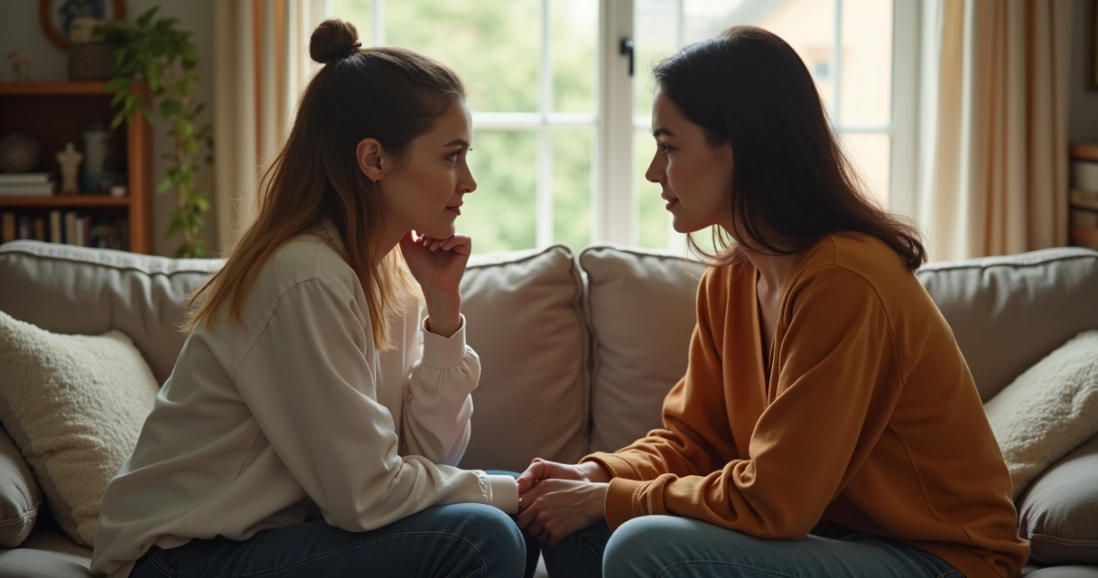 Pareja dialogando sentados uno frente al otro, tonos cálidos y luz natural 