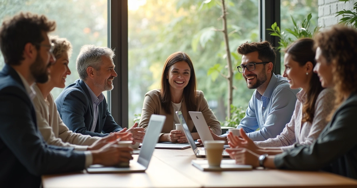 Personas dialogando sentadas alrededor de una mesa. 