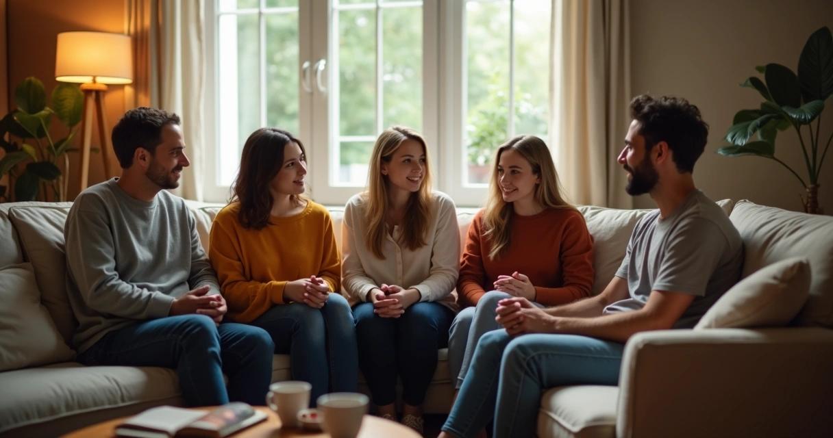 Grupo de personas sentadas escuchando a un compañero 