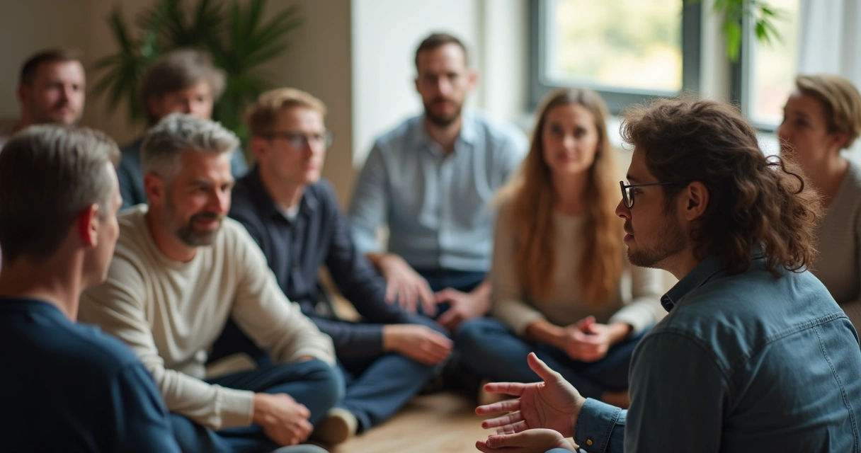Personas sentadas en círculo escuchando atentamente a alguien que habla. 