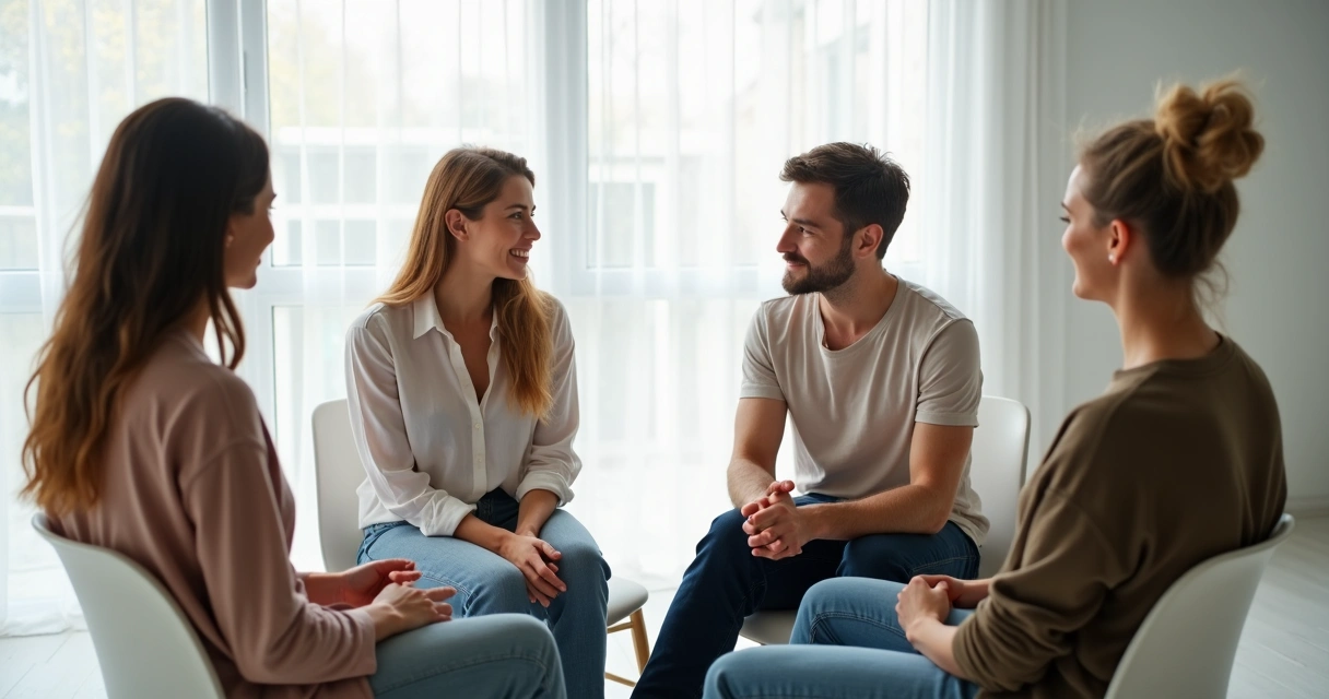 Cuatro personas sentadas en círculo escuchando con atención
