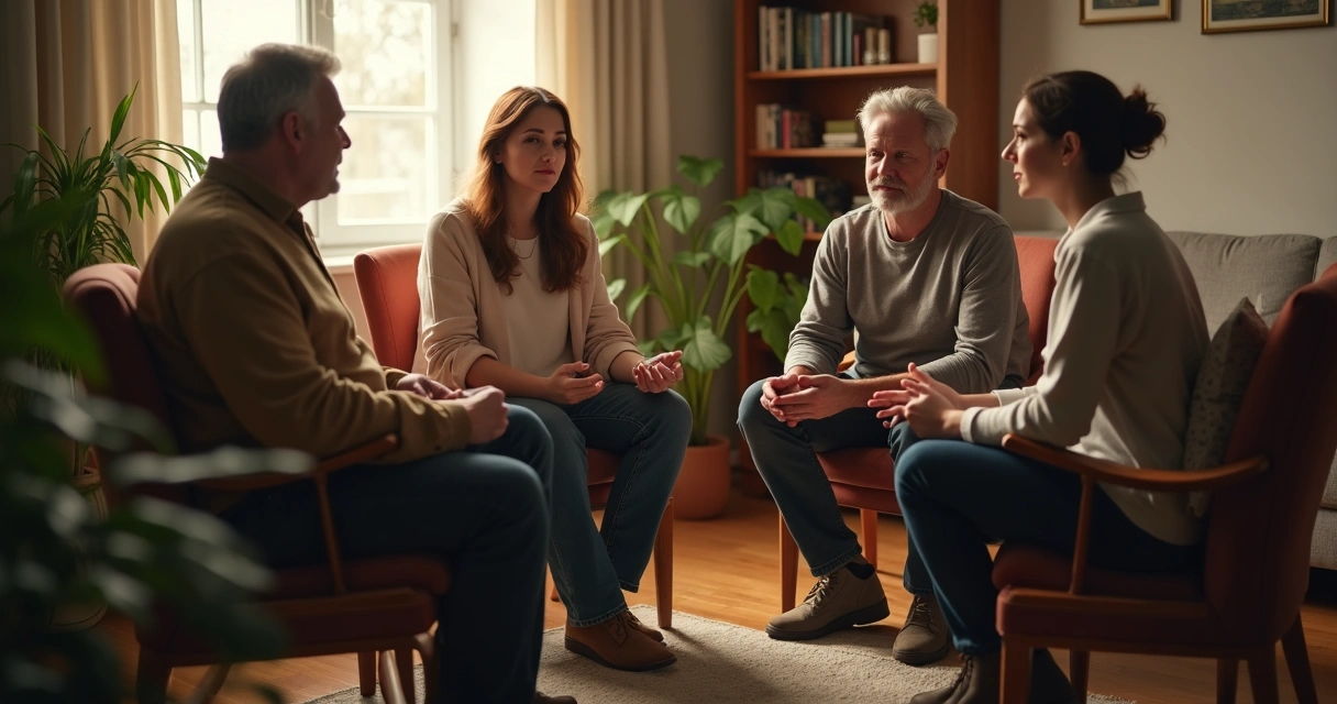 Grupo de personas sentadas en círculo escuchando atentamente. 
