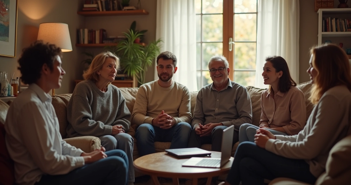 Grupo de personas en círculo practicando la escucha profunda, uno hablando y los demás atentos