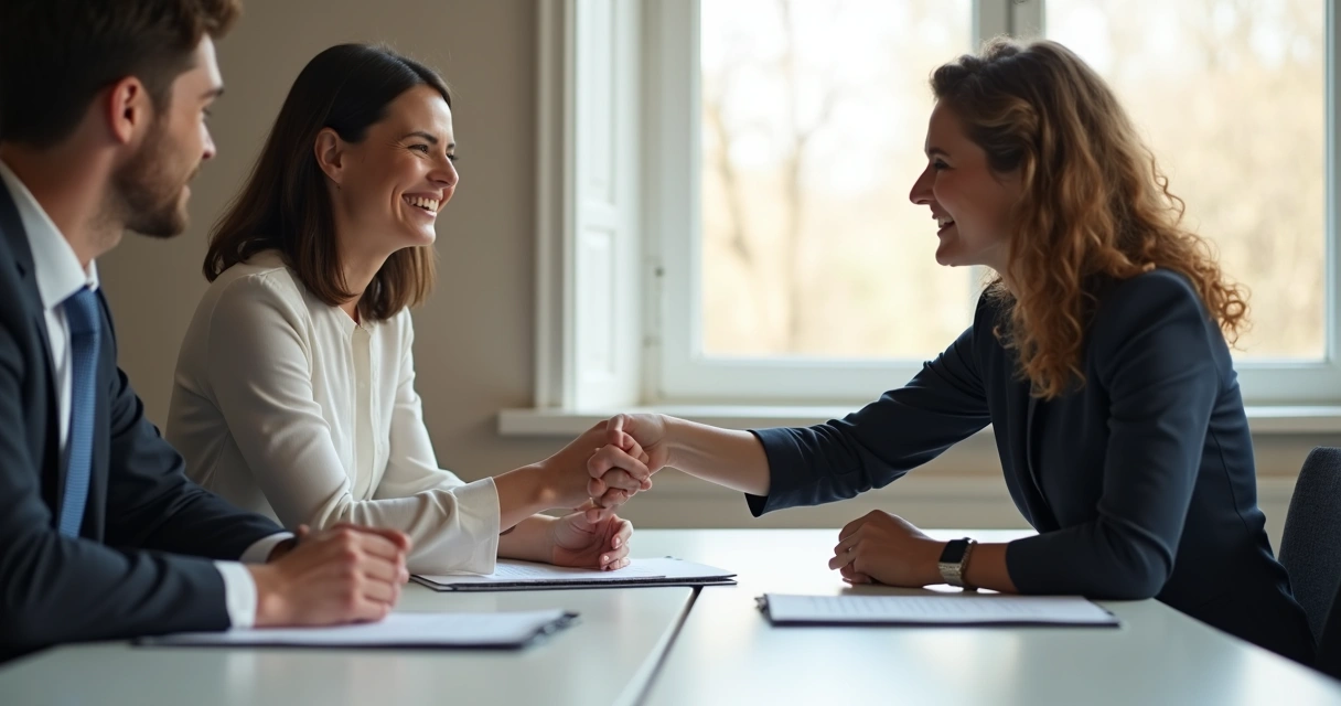 Personas sentadas en una mesa llegando a un acuerdo con gesto de alivio y sonrisas suaves.