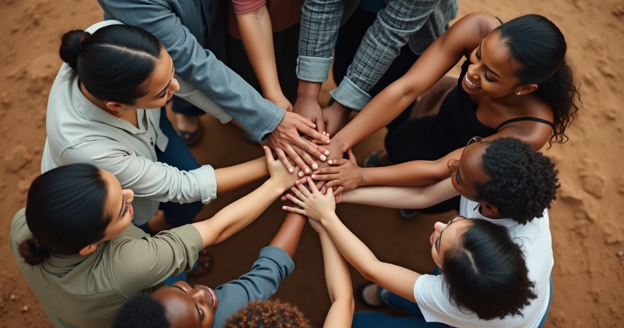 Grupo diverso de personas tomadas de las manos en círculo visto desde arriba 