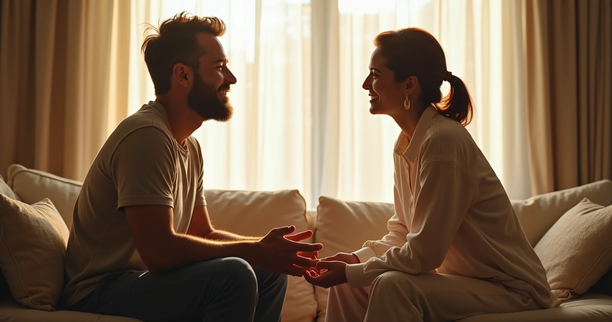 Dos personas conversando con atención y empatía sentadas en una sala tranquila 