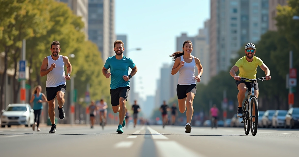 Varias personas haciendo ejercicio en una calle urbana